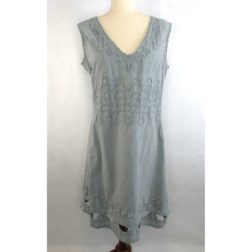 Cotton Natural Lagenlook Dress Sleeveless Boho Cutout Embroidered Gray SZ L